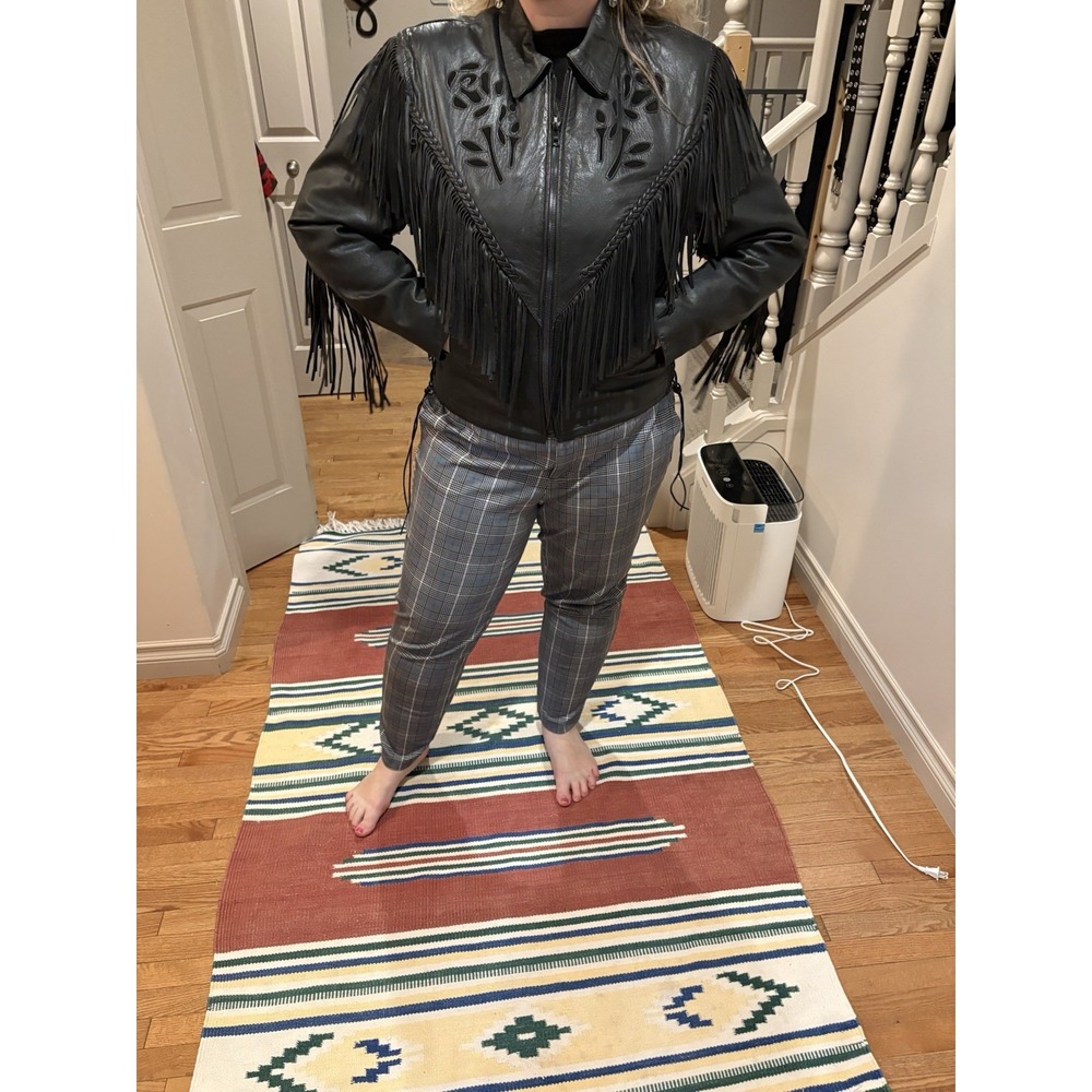 Unik Leather Jacket Black Fringe Tassel Biker Moto Western Women's XL